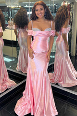 Silver Spaghetti Straps Beaded Ruched Mermaid Prom Dress-27dress