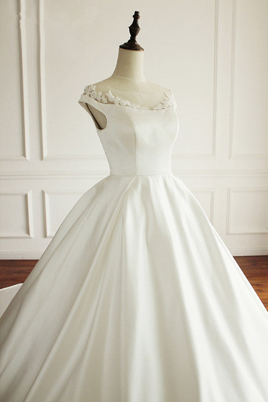 Simple A-Line Satin Jewel Ruffle Wedding Dress Tulle Lace Appliques Sleeveless Bridal Gowns On Sale-27dress