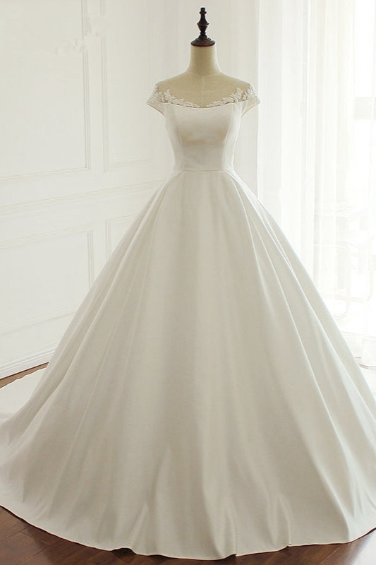 Simple A-Line Satin Jewel Ruffle Wedding Dress Tulle Lace Appliques Sleeveless Bridal Gowns On Sale-27dress