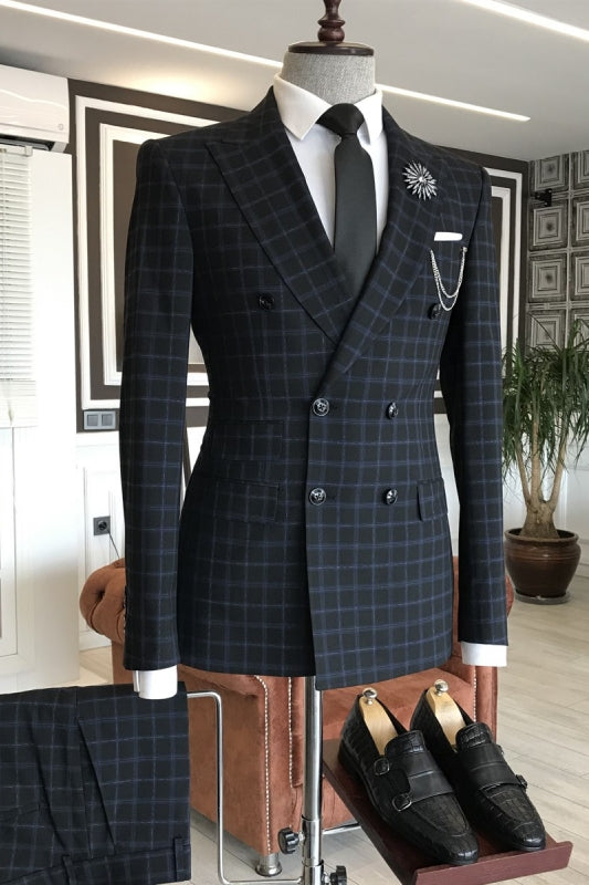 Simple Peaked Lapel Double Breasted Black Business Suits With Gray Plaid