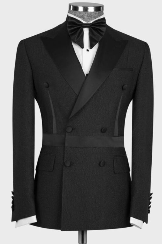 Simple Peaked Lapel Double Breasted Black Wedding Suits For Men
