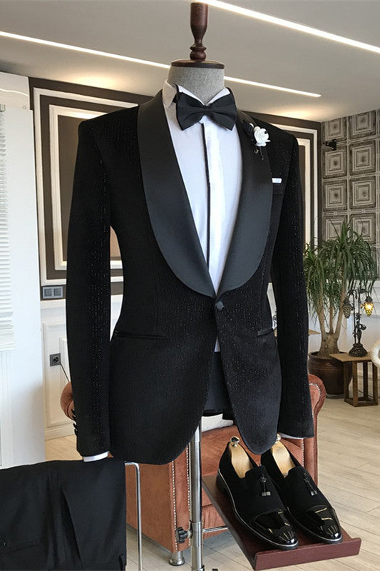Simple Shawl Lapel Two Pieces Corduroy Black Wedding Suits