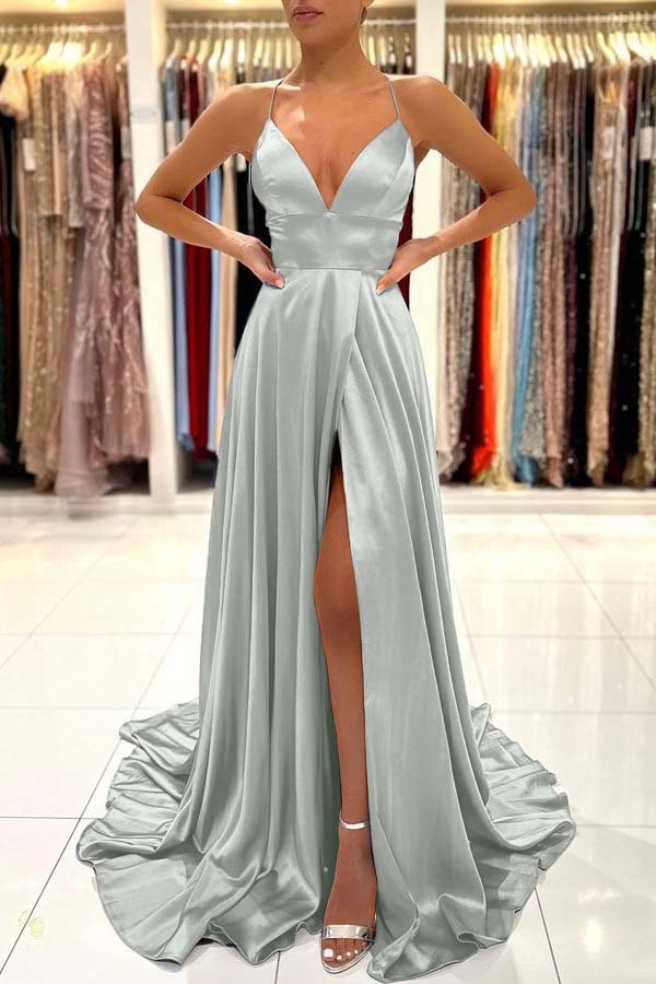 Simple Blue A Line Sleeveless Spaghetti Strap Split Prom Dress With Open Back