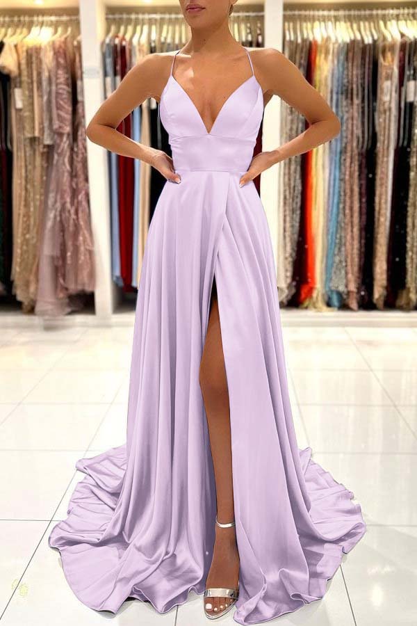 Simple Blue A Line Sleeveless Spaghetti Strap Split Prom Dress With Open Back