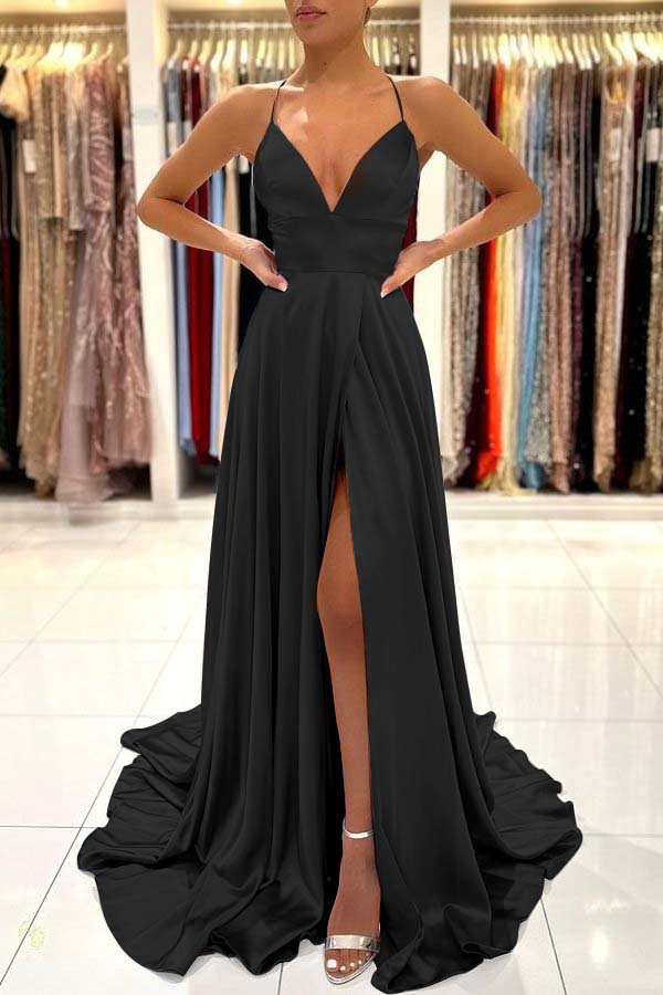 Simple Blue A Line Sleeveless Spaghetti Strap Split Prom Dress With Open Back