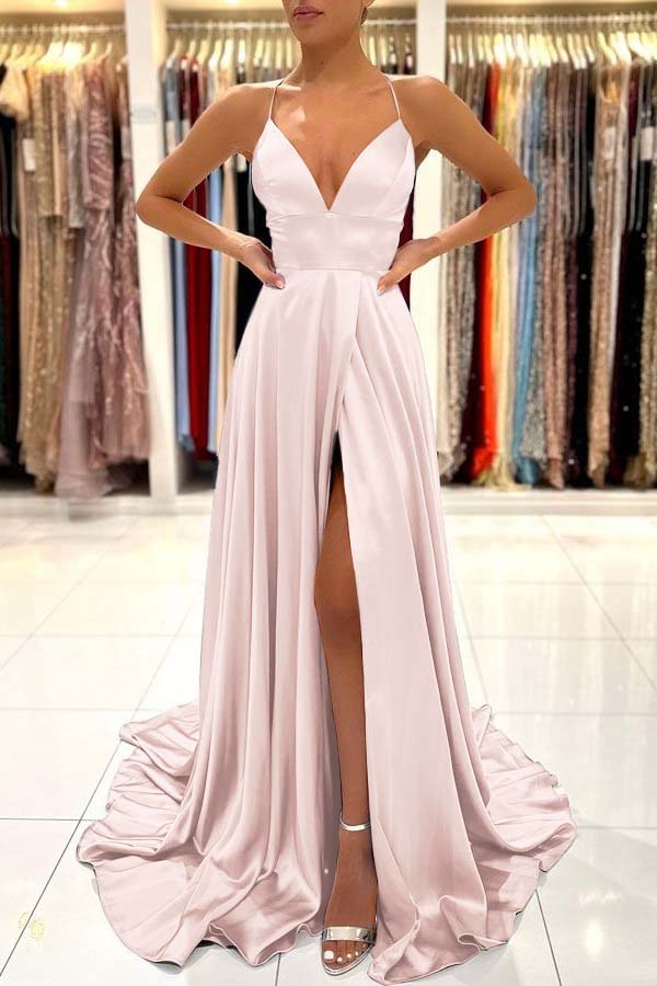 Simple Blue A Line Sleeveless Spaghetti Strap Split Prom Dress With Open Back