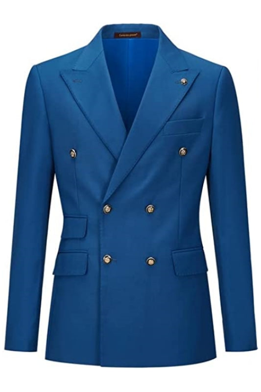 Simple Double Breasted Peaked Lapel Blue Prom Suits