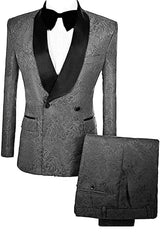 Simple Double Breasted Jacquard Gray Wedding Suits With Velvet Lapel