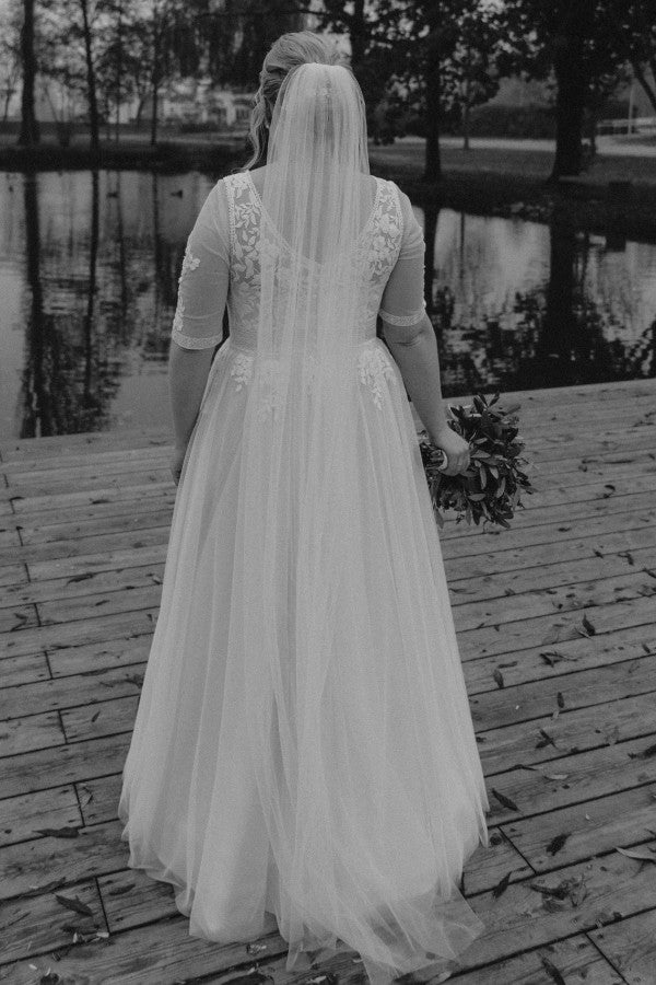 27DRESS Simple Half Sleeves Plus Size A-line Lace Wedding Dresses