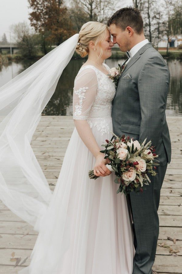 27DRESS Simple Half Sleeves Plus Size A-line Lace Wedding Dresses