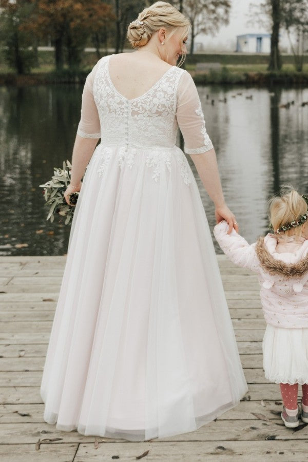 27DRESS Simple Half Sleeves Plus Size A-line Lace Wedding Dresses