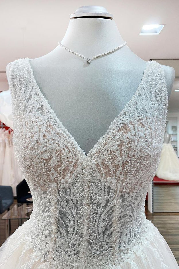 Simple Ivory Tulle Lace Ruffles A-Line Wedding Dresses-27dress