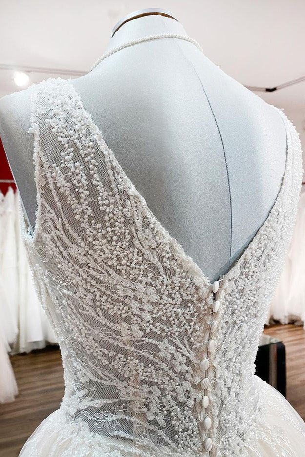 Simple Ivory Tulle Lace Ruffles A-Line Wedding Dresses-27dress
