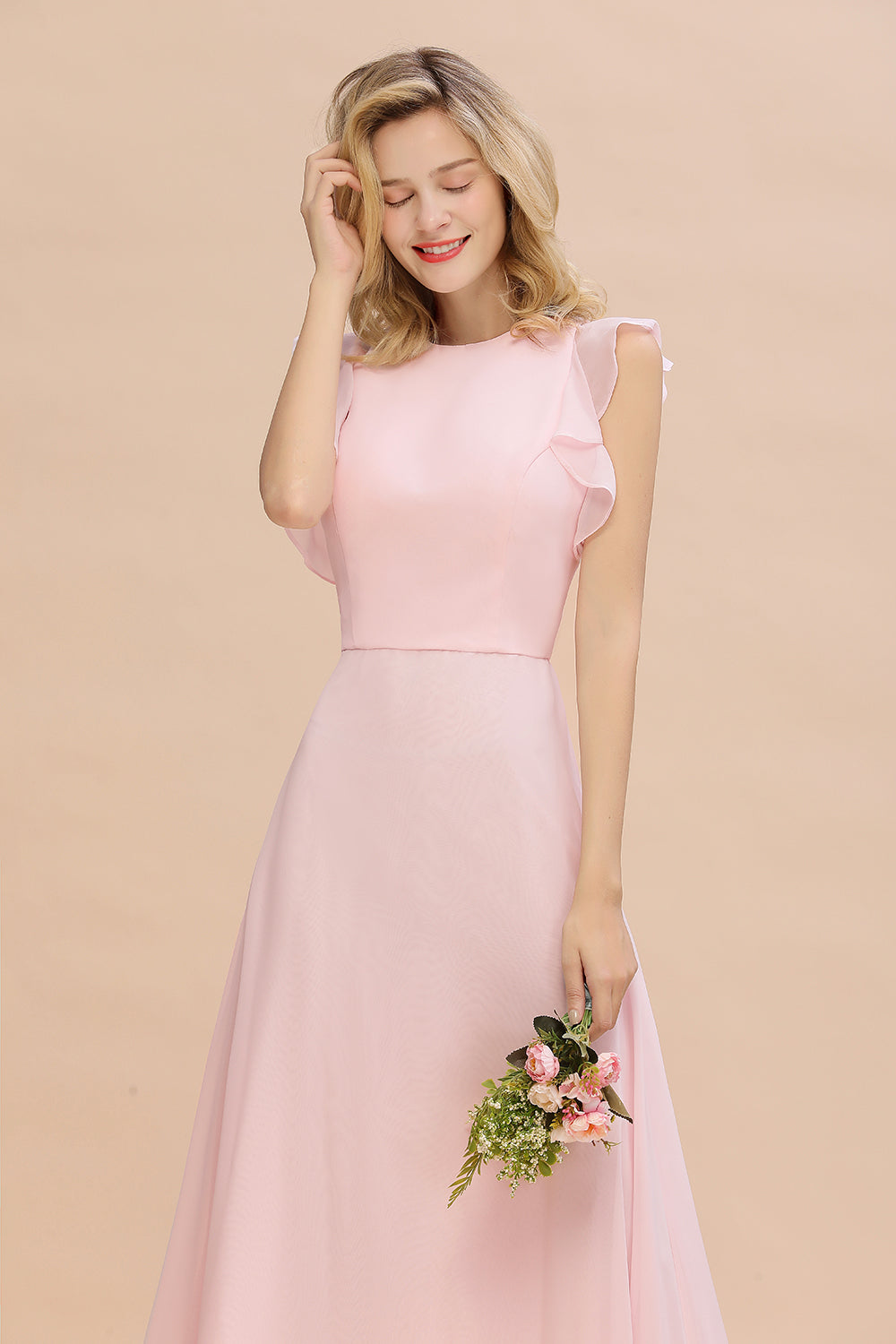 Load image into Gallery viewer, Simple Jewel Draped Sleeves Blushing Pink Bridesmaid Dress Online-27dress

