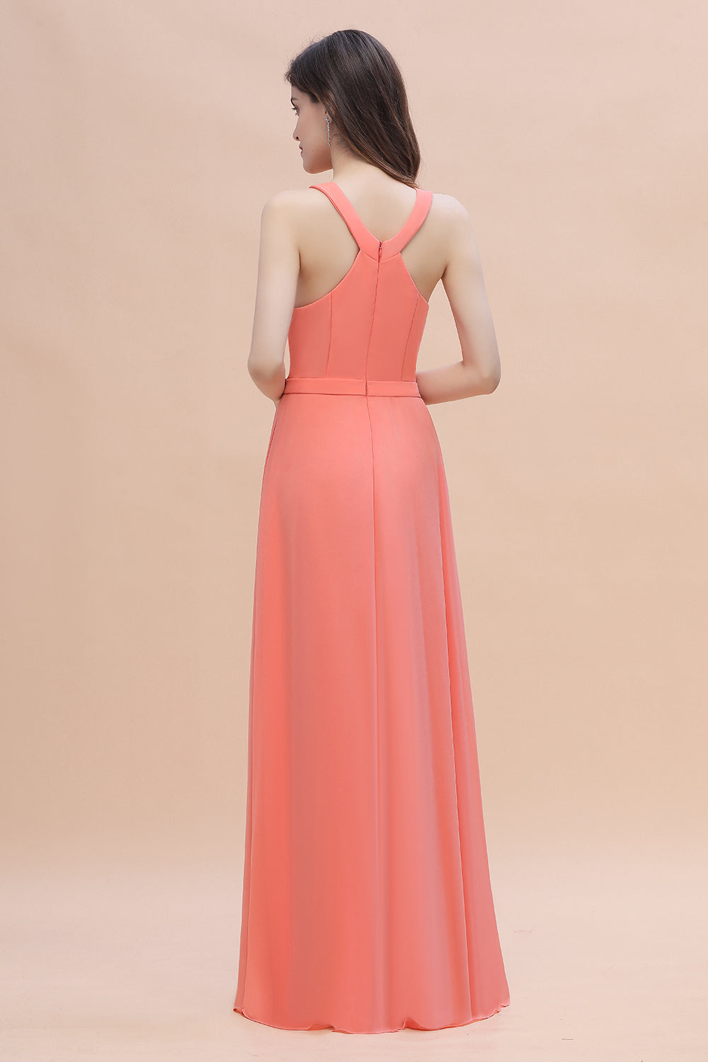 Long Simple Jewel Sleeveless Coral Chiffon Bridesmaid Dress Online 27dress Long Simple Jewel Sleeveless Coral Chiffon Bridesmaid Dress Online 27dress