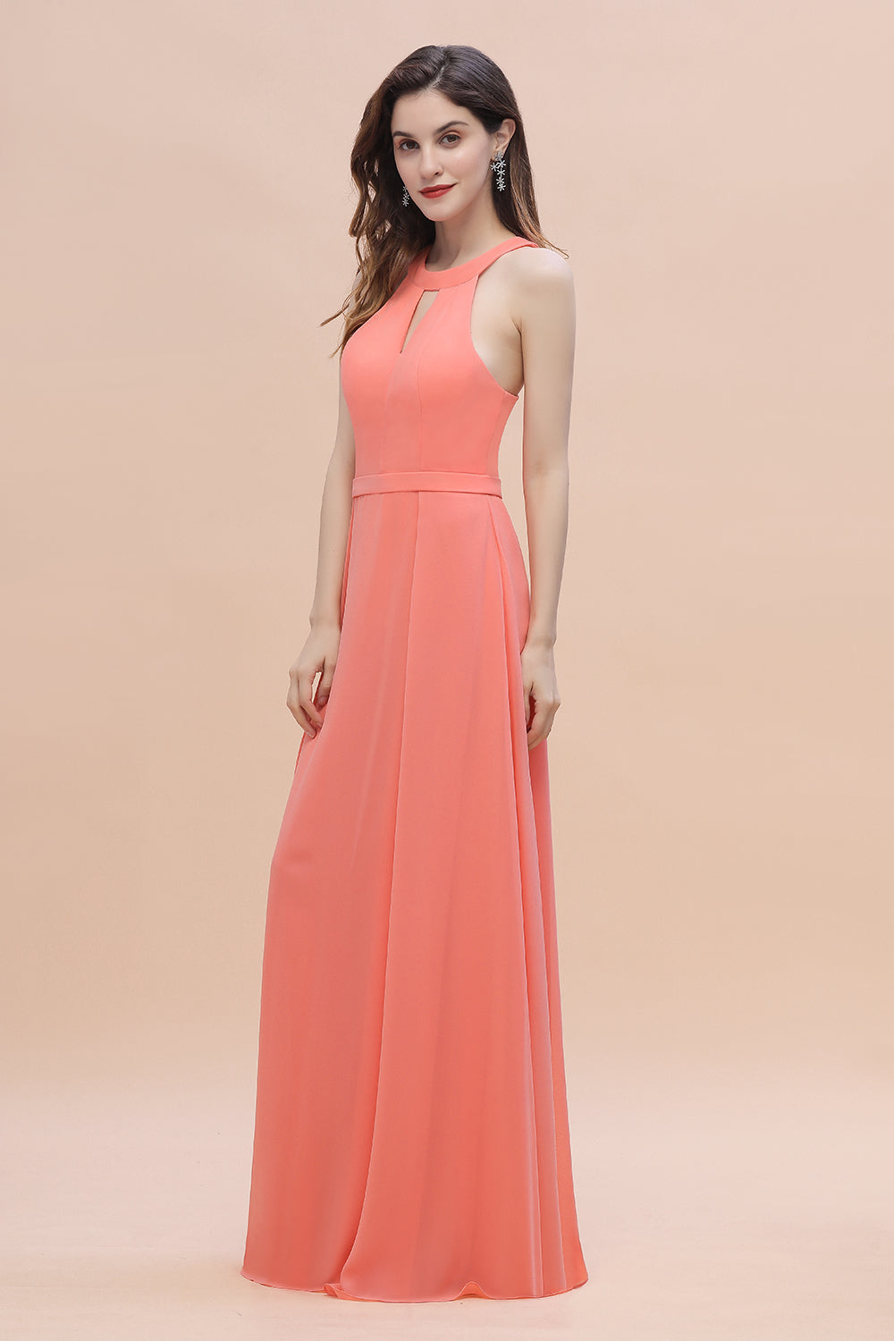 Simple Jewel Sleeveless Coral Chiffon Bridesmaid Dress Online-27dress