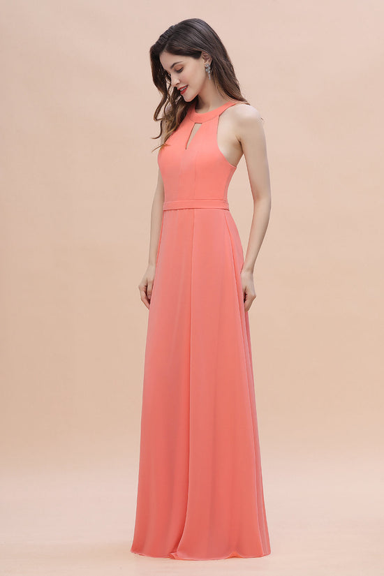 Simple Jewel Sleeveless Coral Chiffon Bridesmaid Dress Online-27dress