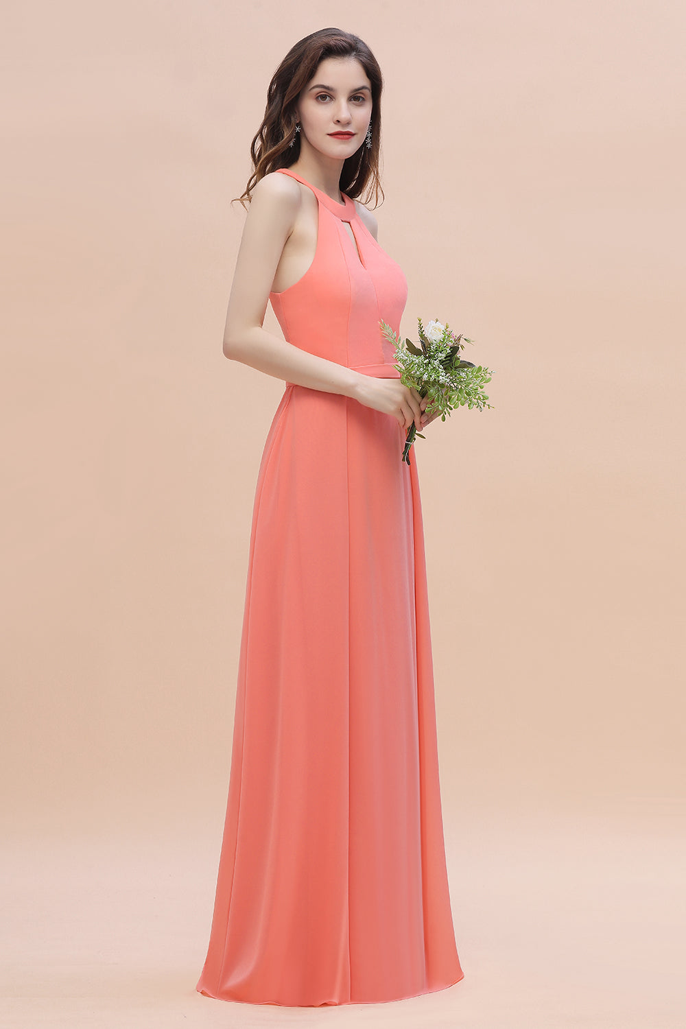 Long Simple Jewel Sleeveless Coral Chiffon Bridesmaid Dress Online 27dress Long Simple Jewel Sleeveless Coral Chiffon Bridesmaid Dress Online 27dress