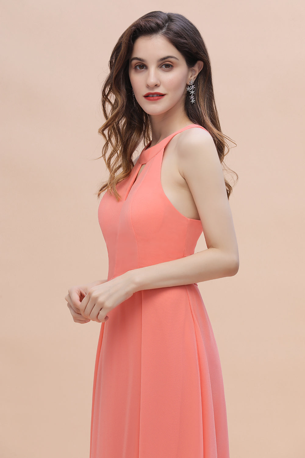 Long Simple Jewel Sleeveless Coral Chiffon Bridesmaid Dress Online 27dress Long Simple Jewel Sleeveless Coral Chiffon Bridesmaid Dress Online 27dress