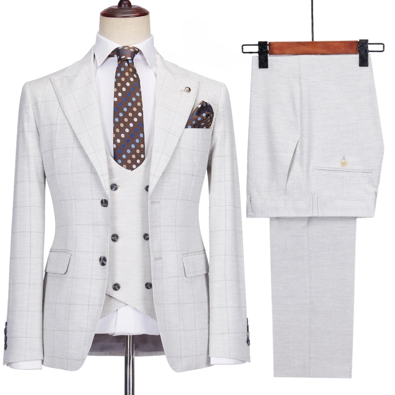 Simple Light Peaked Lapel Three Pieces Plaid Gray Prom Suits