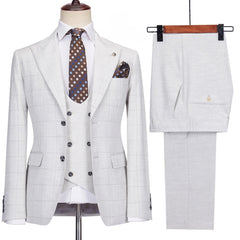 Simple Light Peaked Lapel Three Pieces Plaid Gray Prom Suits