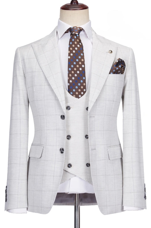 Simple Light Peaked Lapel Three Pieces Plaid Gray Prom Suits