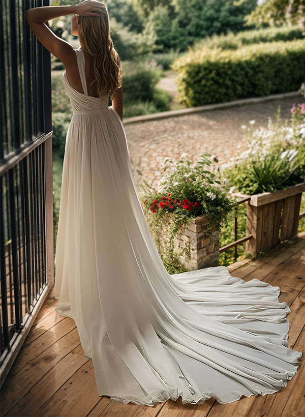 Simple Long A-line Chiffon Wedding Dress With Split Front-27dress