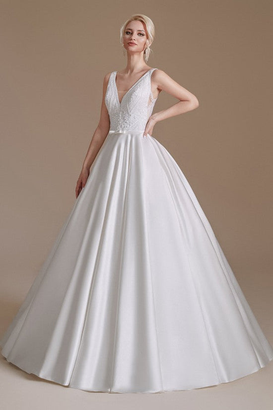 Load image into Gallery viewer, Simple Long A-line V-neck Satin Wedding Dress with Appliques Lace-27dress
