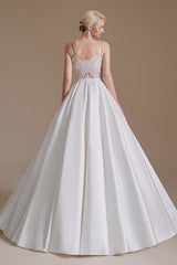 Simple Long A-line V-neck Satin Wedding Dress with Appliques Lace-27dress