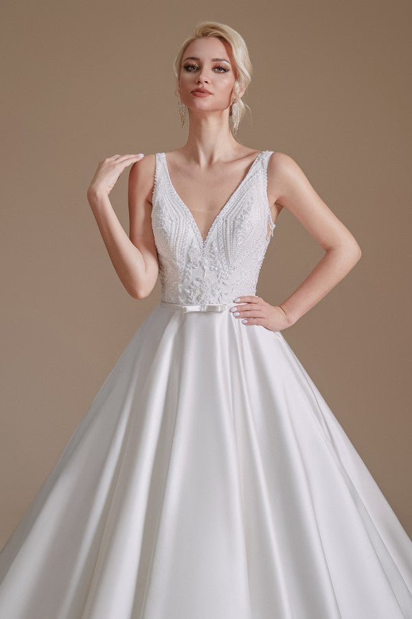 Simple Long A-line V-neck Satin Wedding Dress with Appliques Lace-27dress
