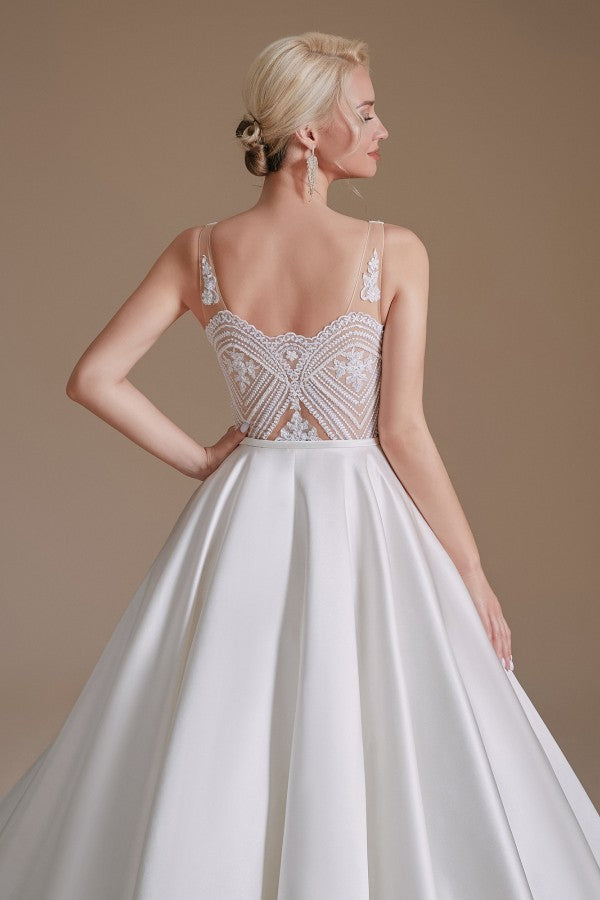 Simple Long A-line V-neck Satin Wedding Dress with Appliques Lace-27dress