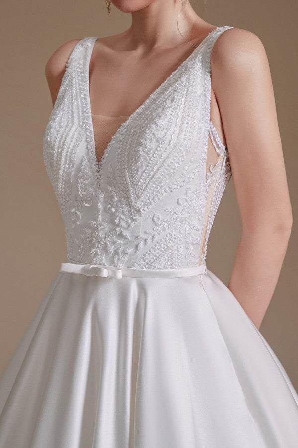 Simple Long A-line V-neck Satin Wedding Dress with Appliques Lace-27dress