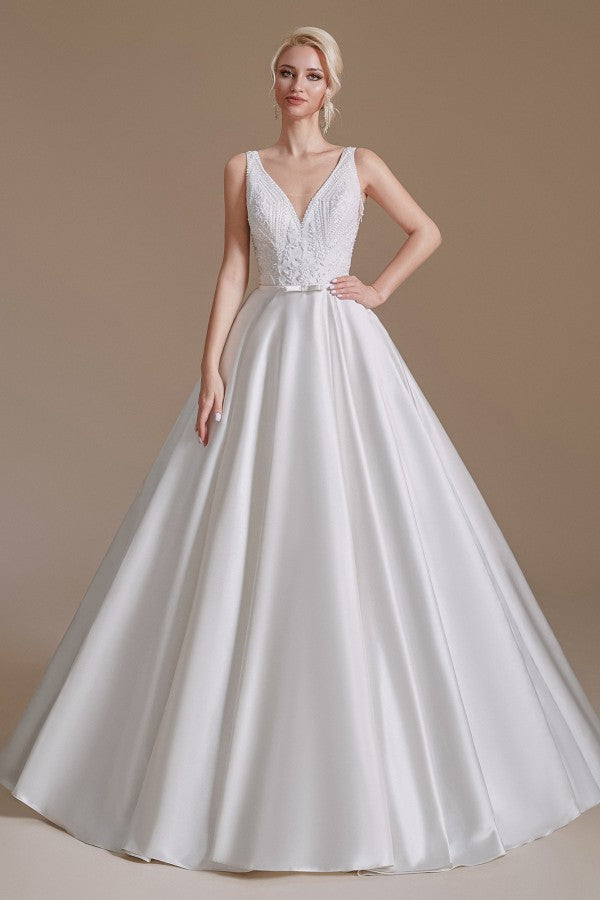 Load image into Gallery viewer, Simple Long A-line V-neck Satin Wedding Dress with Appliques Lace-27dress
