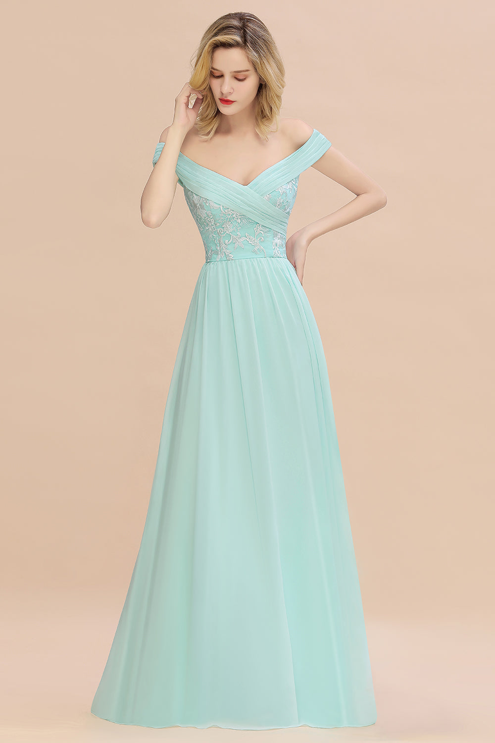 Simple Off-the-shoulder Long Affordable Bridesmaid Dress With Appliques-27dress