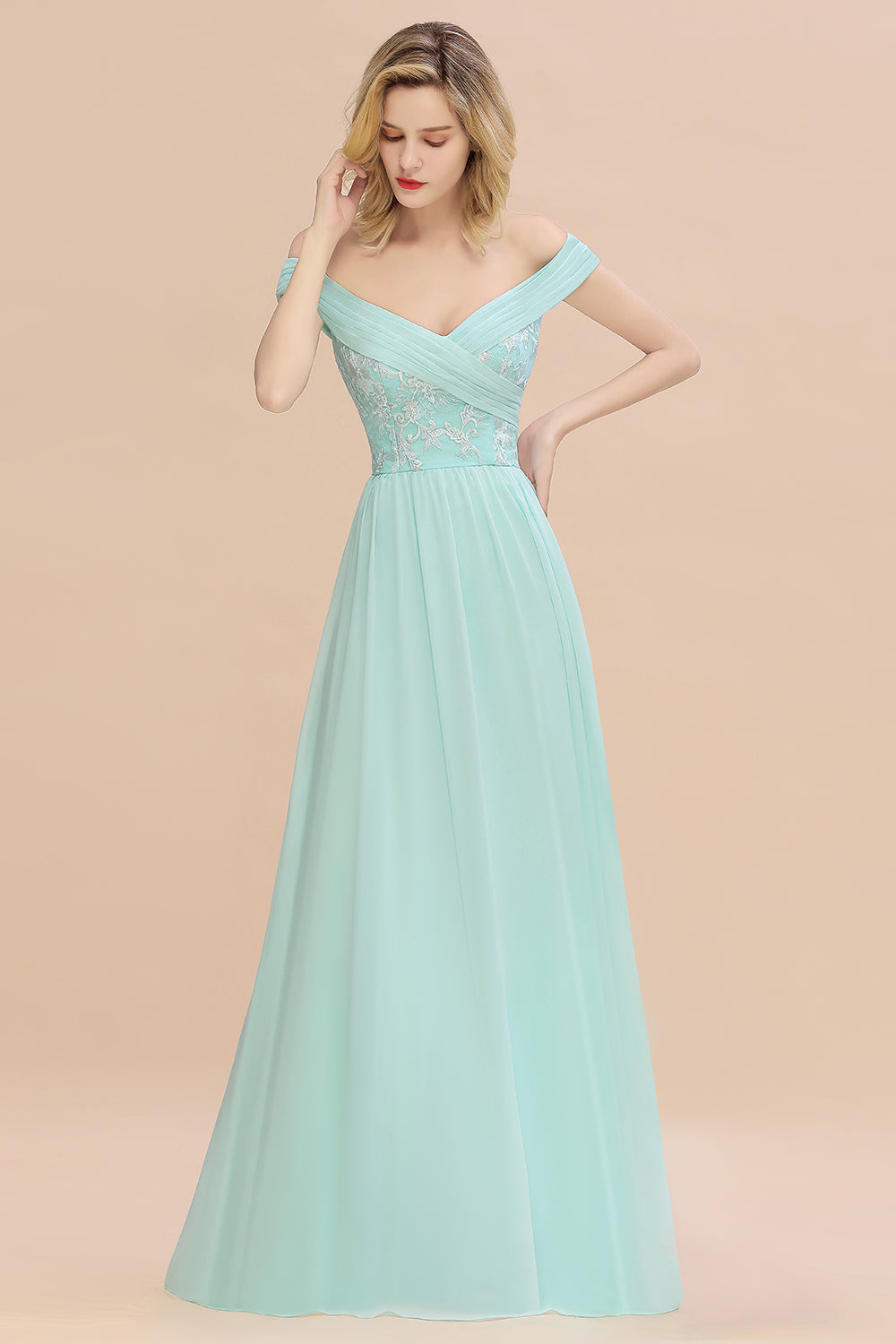 Load image into Gallery viewer, Simple Off-the-shoulder Long Affordable Bridesmaid Dress With Appliques-27dress
