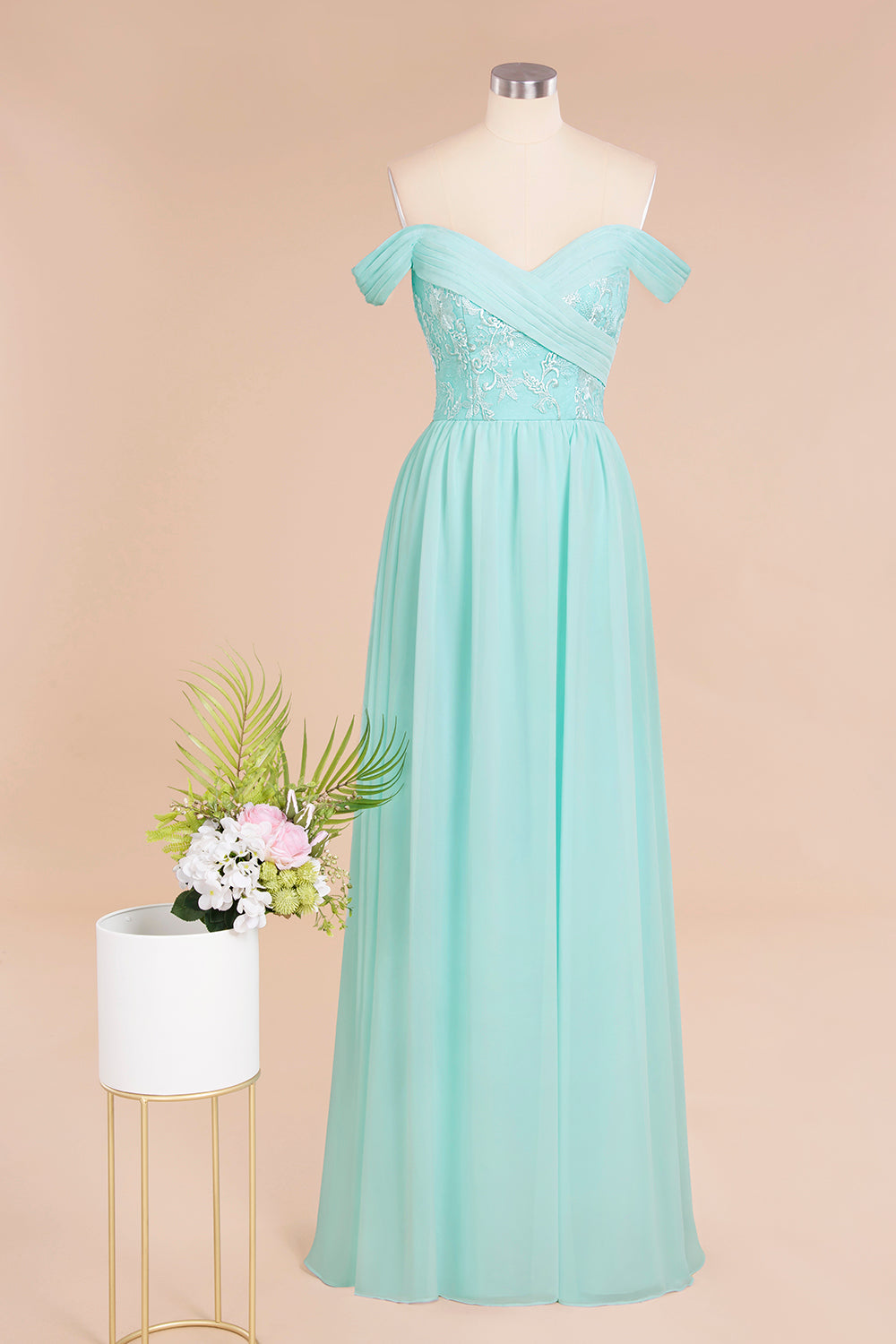 Simple Off-the-shoulder Long Affordable Bridesmaid Dress With Appliques-27dress
