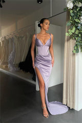 Simple Orange Satin Sleeveless Spaghetti Strap Long Prom Dress With Split