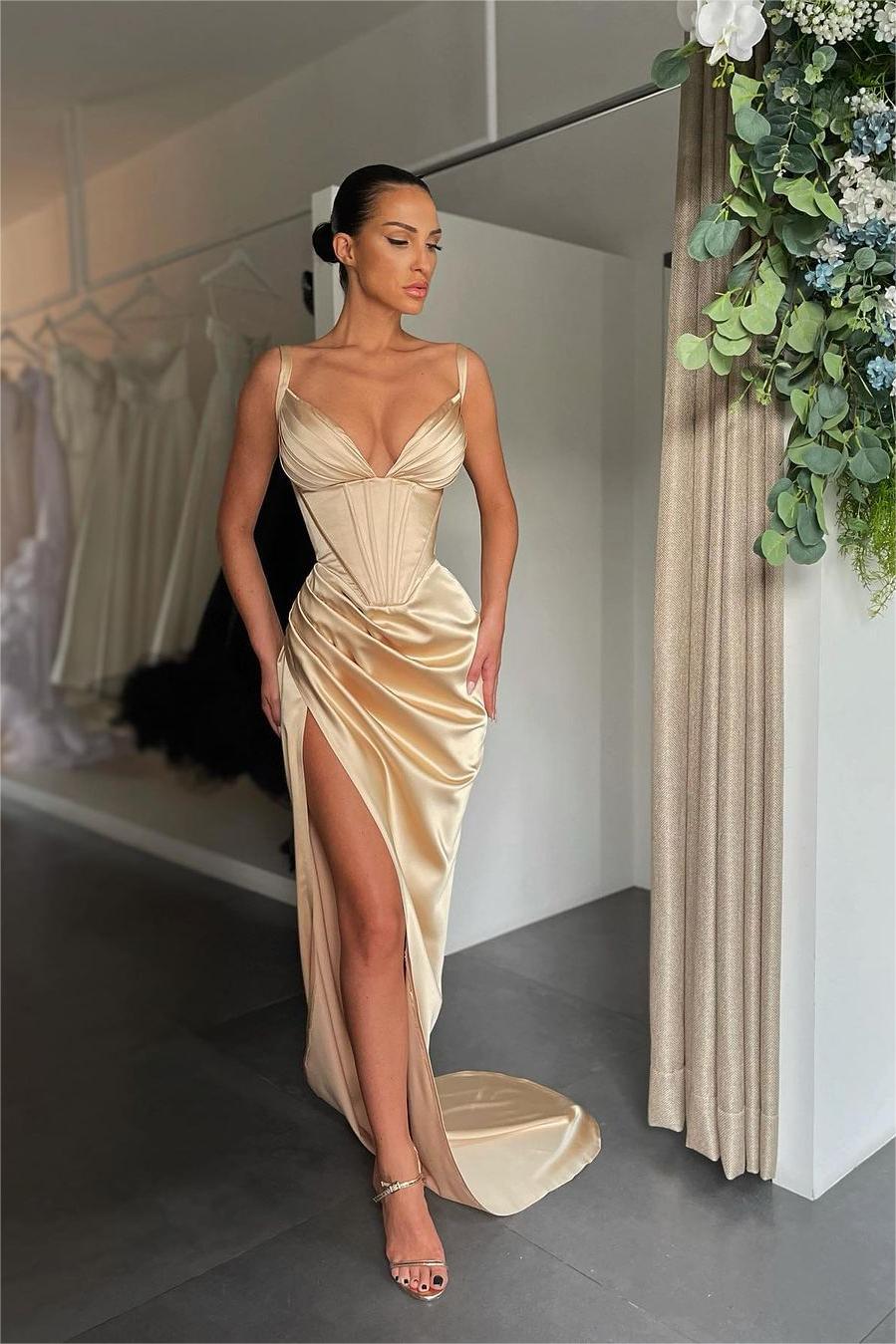 Simple Orange Satin Sleeveless Spaghetti Strap Long Prom Dress With Split