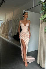 Simple Orange Satin Sleeveless Spaghetti Strap Long Prom Dress With Split