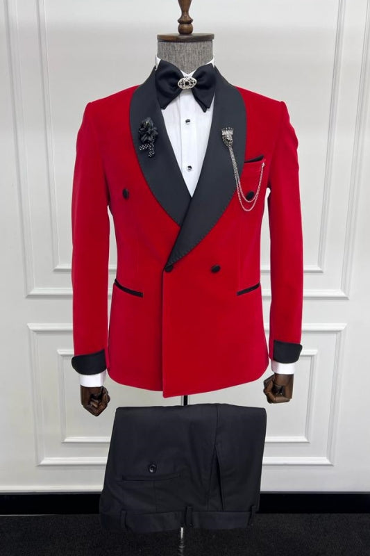 Simple Shawl Lapel Double Breasted Red Wedding Suits