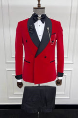Simple Shawl Lapel Double Breasted Red Wedding Suits