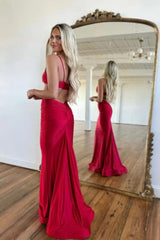 Simple Red Spaghetti Straps V-neck Mermaid Long Prom Dress-27dress