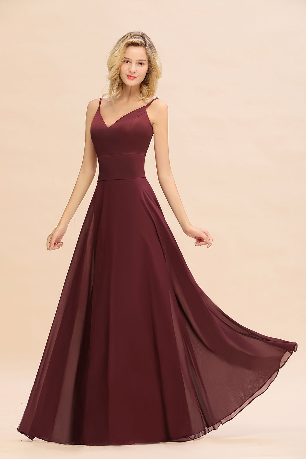 Simple Satin Chiffon Spaghetti-Straps Burgundy Long Bridesmaid