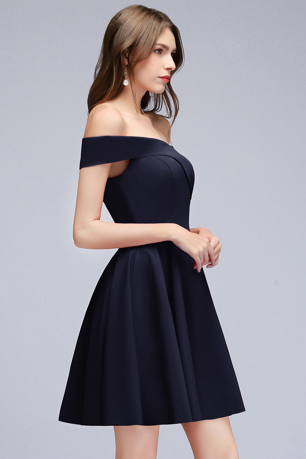 Simple Short Off the Shoulder Satin Dark Navy Bridesmaid Dress-27Dress