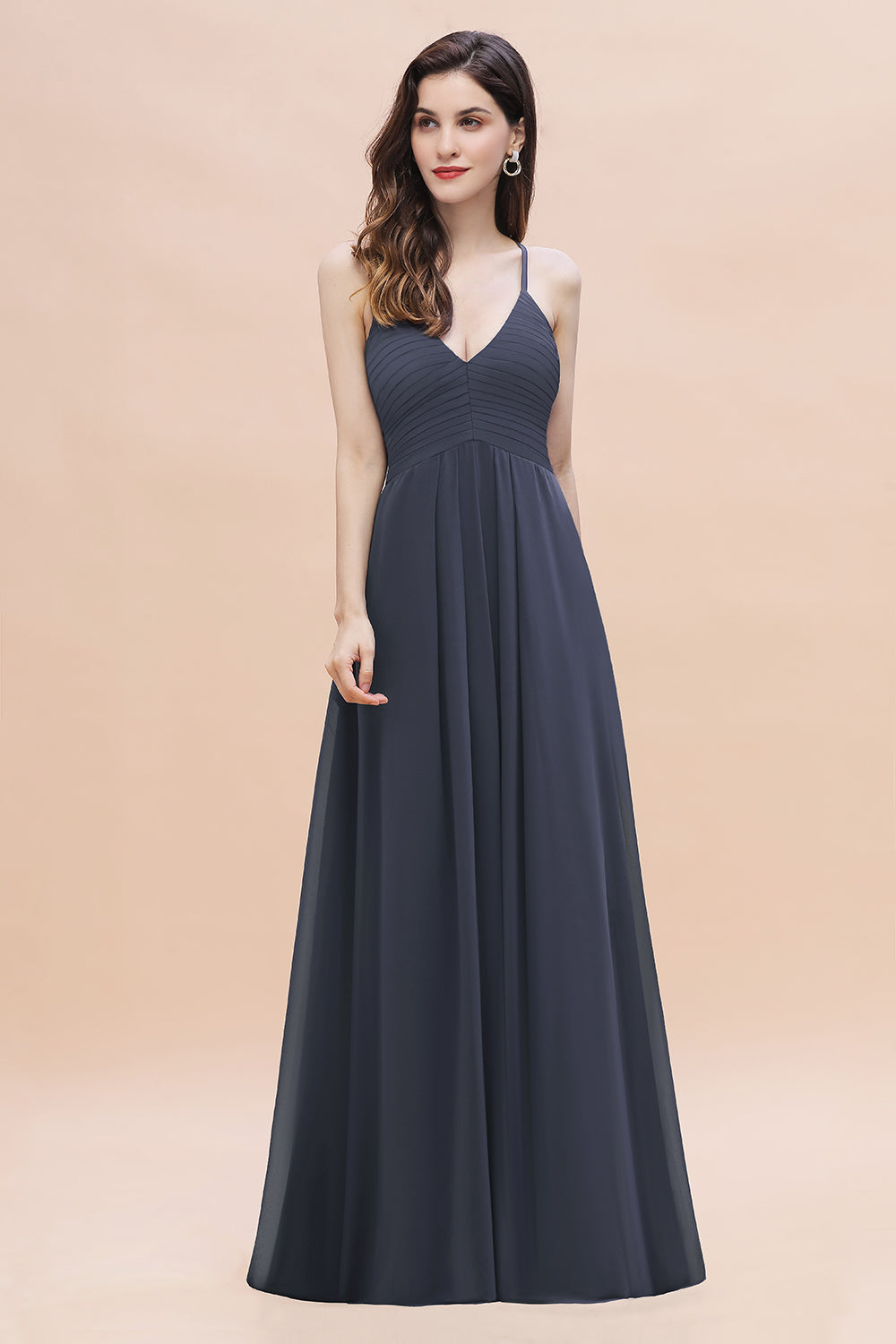 Simple Spaghetti Straps Stormy Chiffon Bridesmaid Dress with Ruffles On Sale-27dress