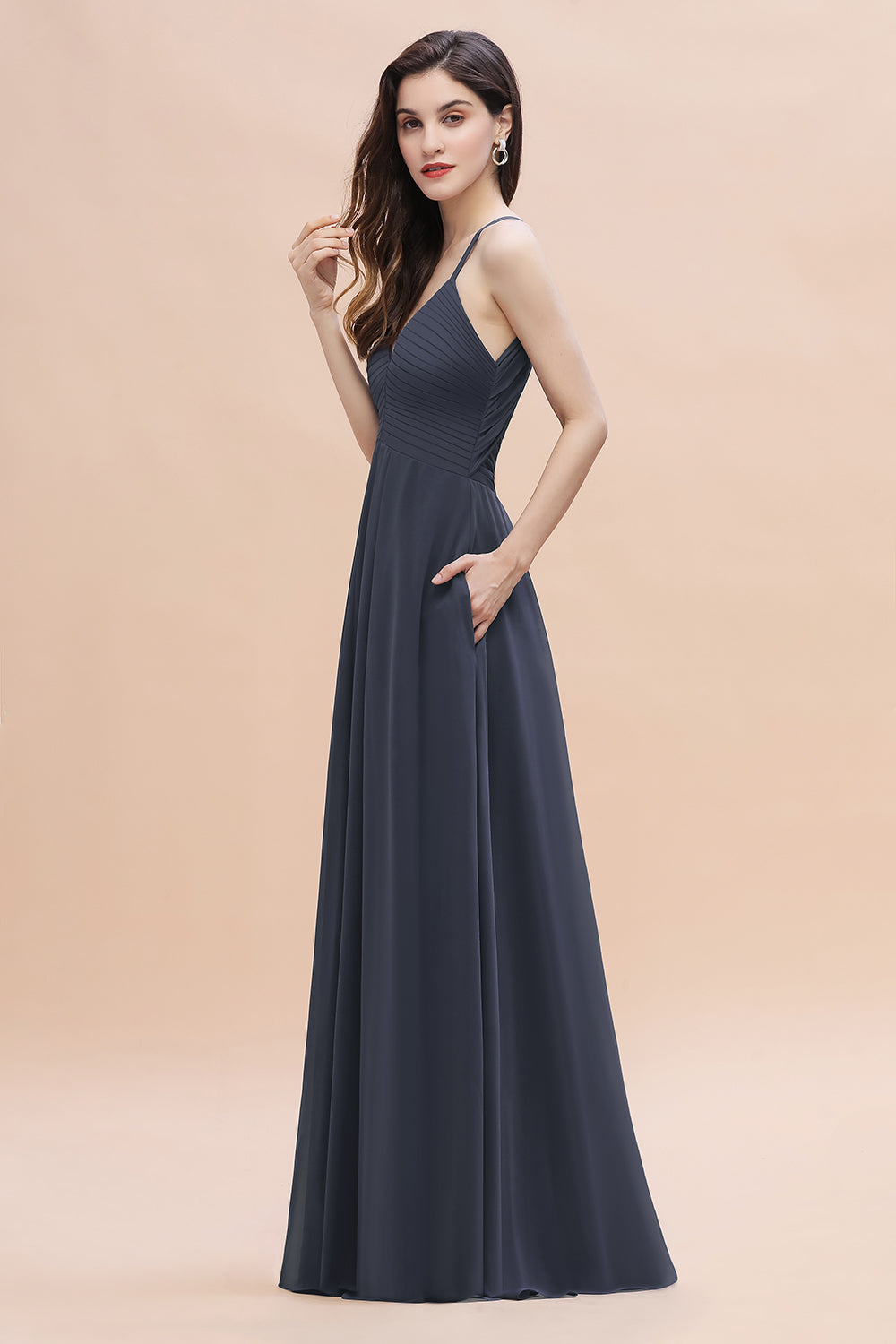 Simple Spaghetti Straps Stormy Chiffon Bridesmaid Dress with Ruffles On Sale-27dress
