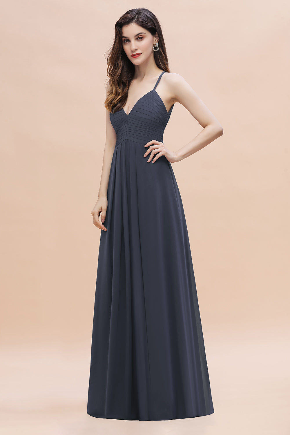 Simple Spaghetti Straps Stormy Chiffon Bridesmaid Dress with Ruffles On Sale-27dress