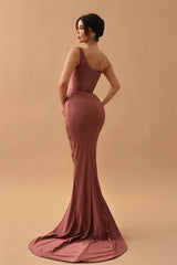 Simple Stain One Shoulder Sleeveless Pleated Long Mermaid Prom Dress With Split