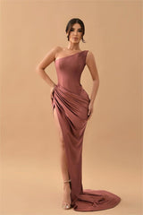 Simple Stain One Shoulder Sleeveless Pleated Long Mermaid Prom Dress With Split
