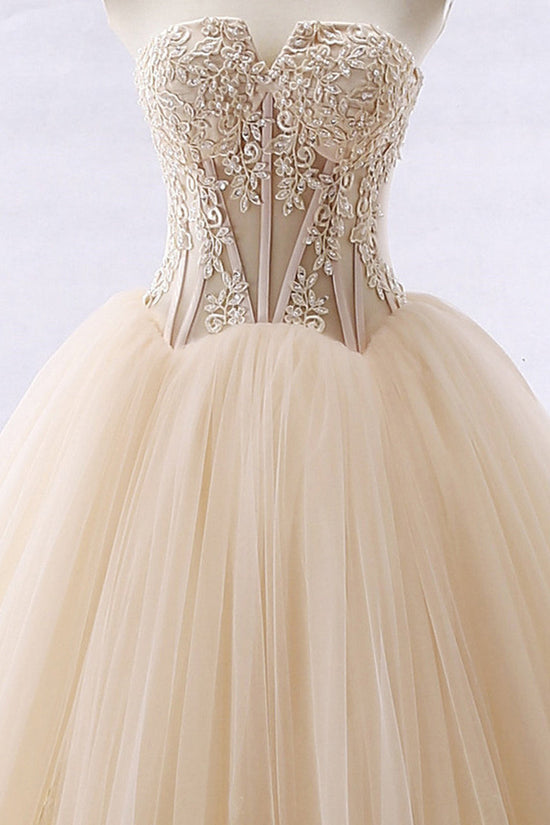 Simple Strapless Champagne Tulle Wedding Dress Sweetheart Sleeveless Appliques Bridal Gowns with Beadings On Sale-27dress